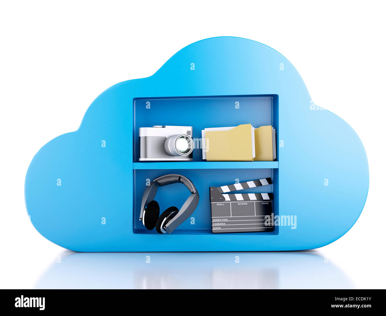 3D renderer illustrazione. Il cloud computing concetto con icone multimediali su sfondo bianco Foto Stock