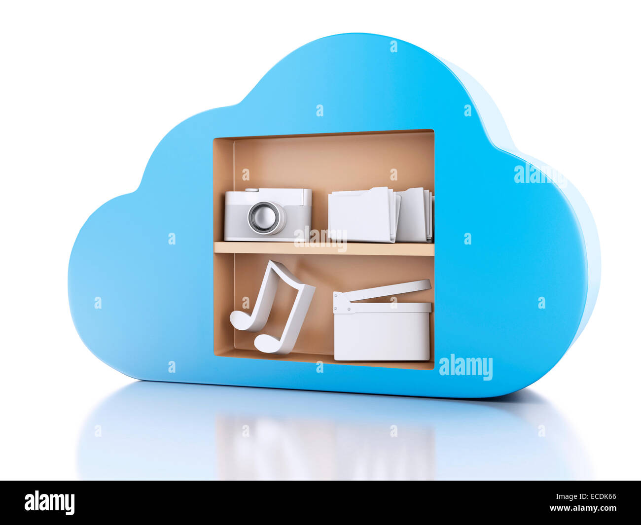 3D renderer illustrazione. Il cloud computing concetto con icone multimediali su sfondo bianco Foto Stock
