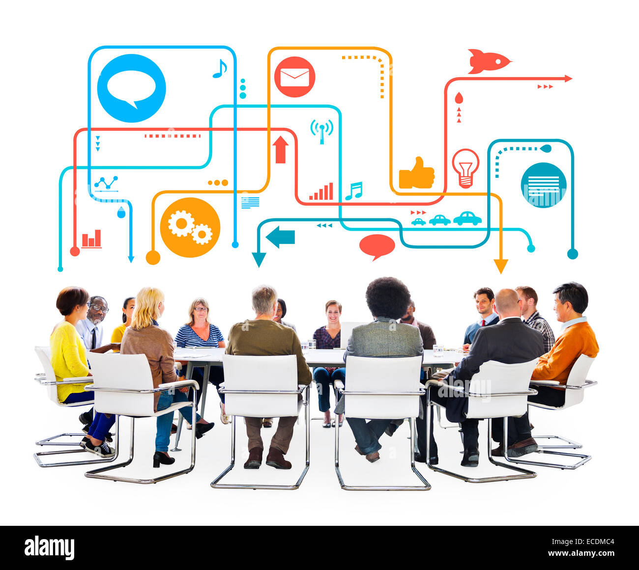 Multietnica incontro di persone e i Social Media simboli sopra Foto Stock