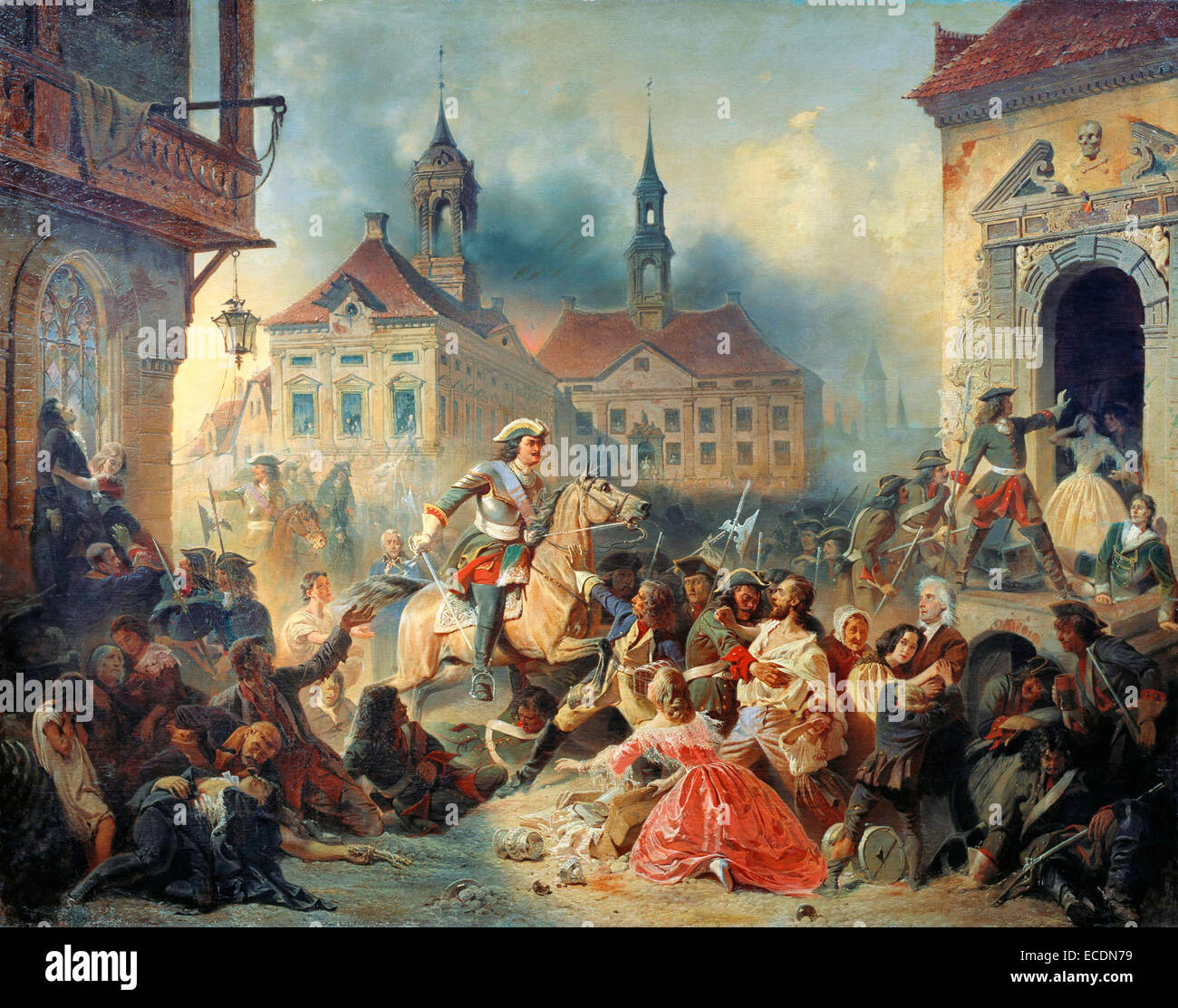 Pietro I di Russia pacifies sua diabolica truppe dopo assunzione di Narva in 1704 da Nikolay Sauerweid Foto Stock