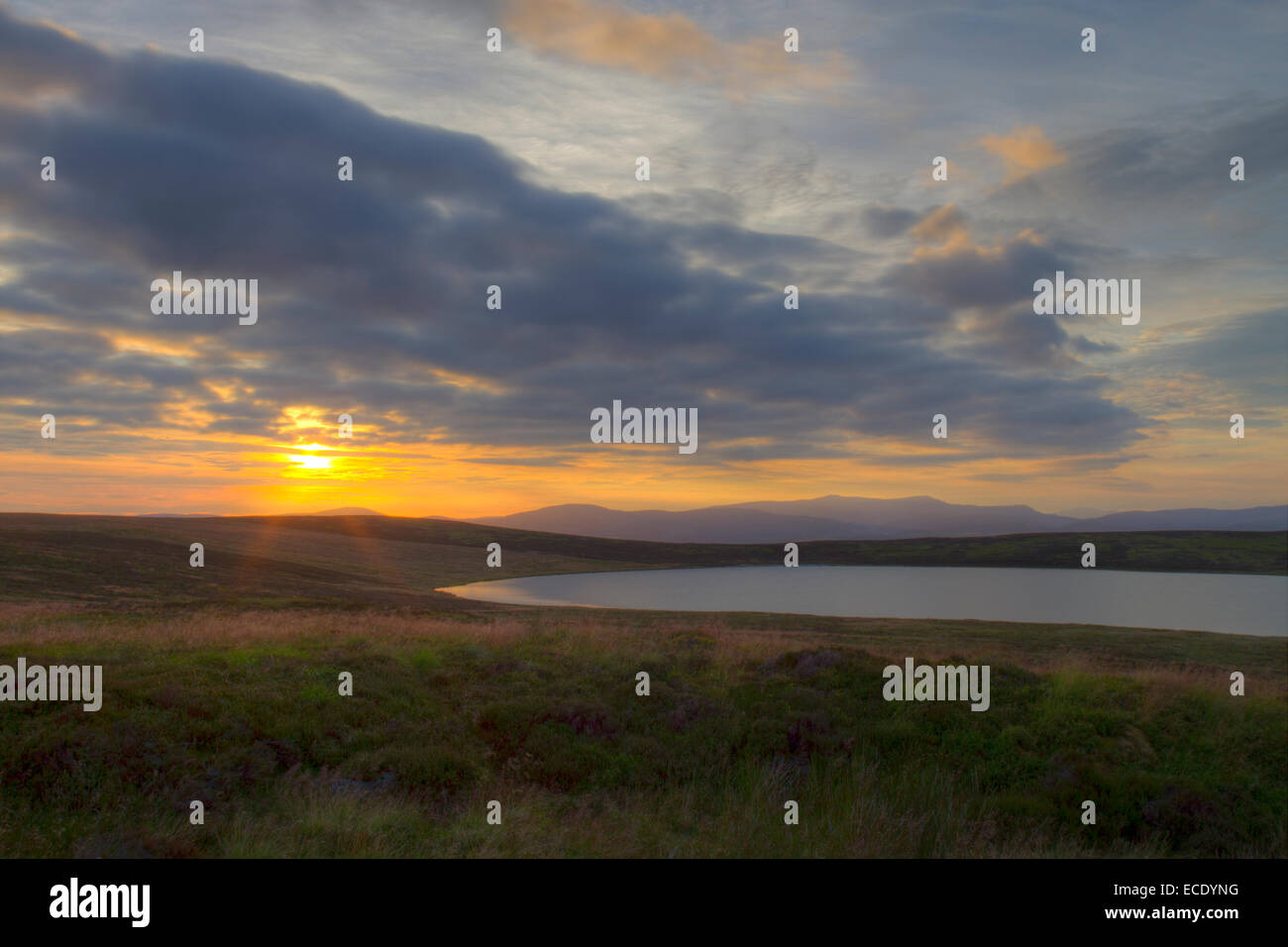 Vista di un lago di montagna al tramonto. Glaslyn, Plynlimon vicino al cambriano montagne. Powys, Galles. Luglio. Foto Stock