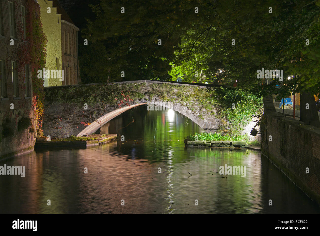 Groenerei canal e il ponte di notte Bruges Belgio Foto Stock