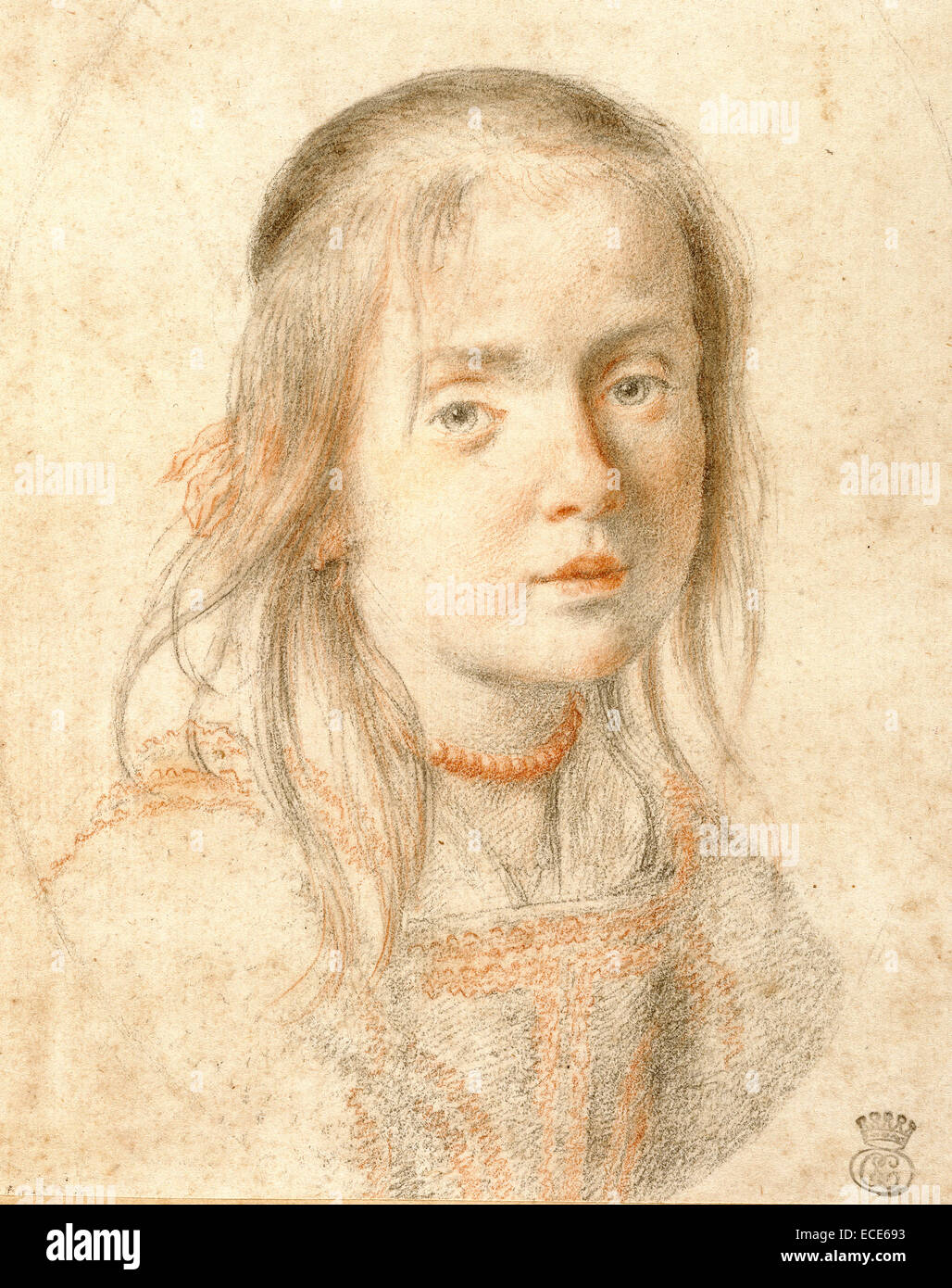 Ritratto di una ragazza; Carlo Dolci, (Italiano) fiorentina, 1616 - 1687; circa 1665; nero e rosso i gessi su carta color panna; 15,4 x 12,4 cm (6 1/16 x 4 7/8 in.) Foto Stock