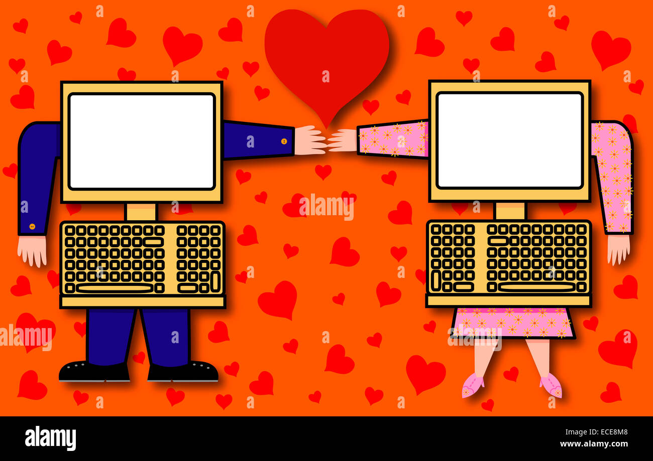 Digital Love – computer Romance e Online Connection – illustrazione di due computer, simbolo di incontri online, relazioni digitali, amore virtuale Foto Stock