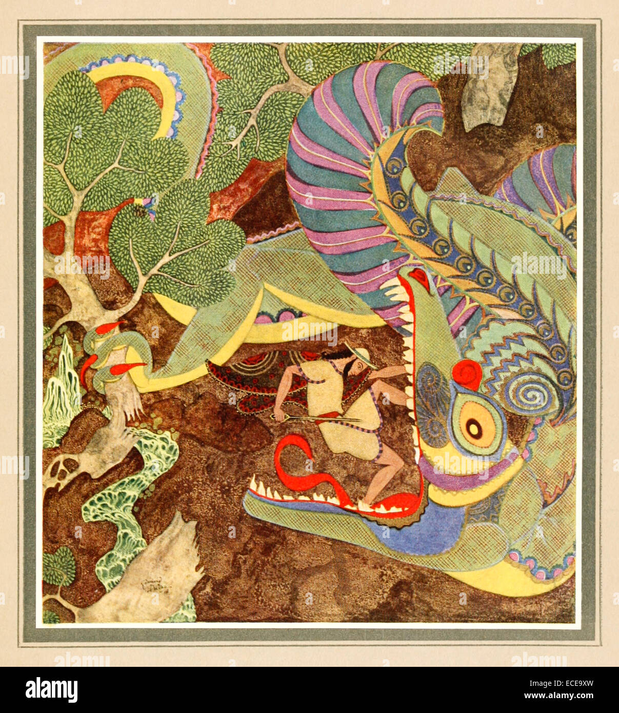 Disegno di Cadmo. la sua spada giunchi presso il mostruoso drago - Edmund Dulac illustrazione da 'Tanglewood Tales". Vedere la descrizione per maggiori informazioni. Foto Stock