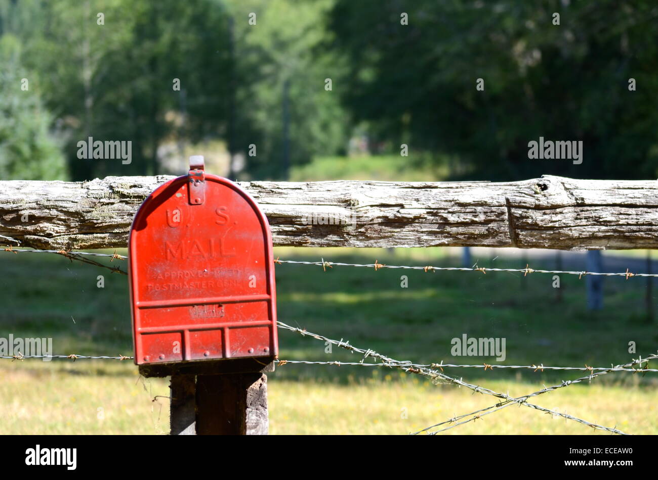 Stati Uniti d'America, rosso mailbox su fencepost Foto Stock