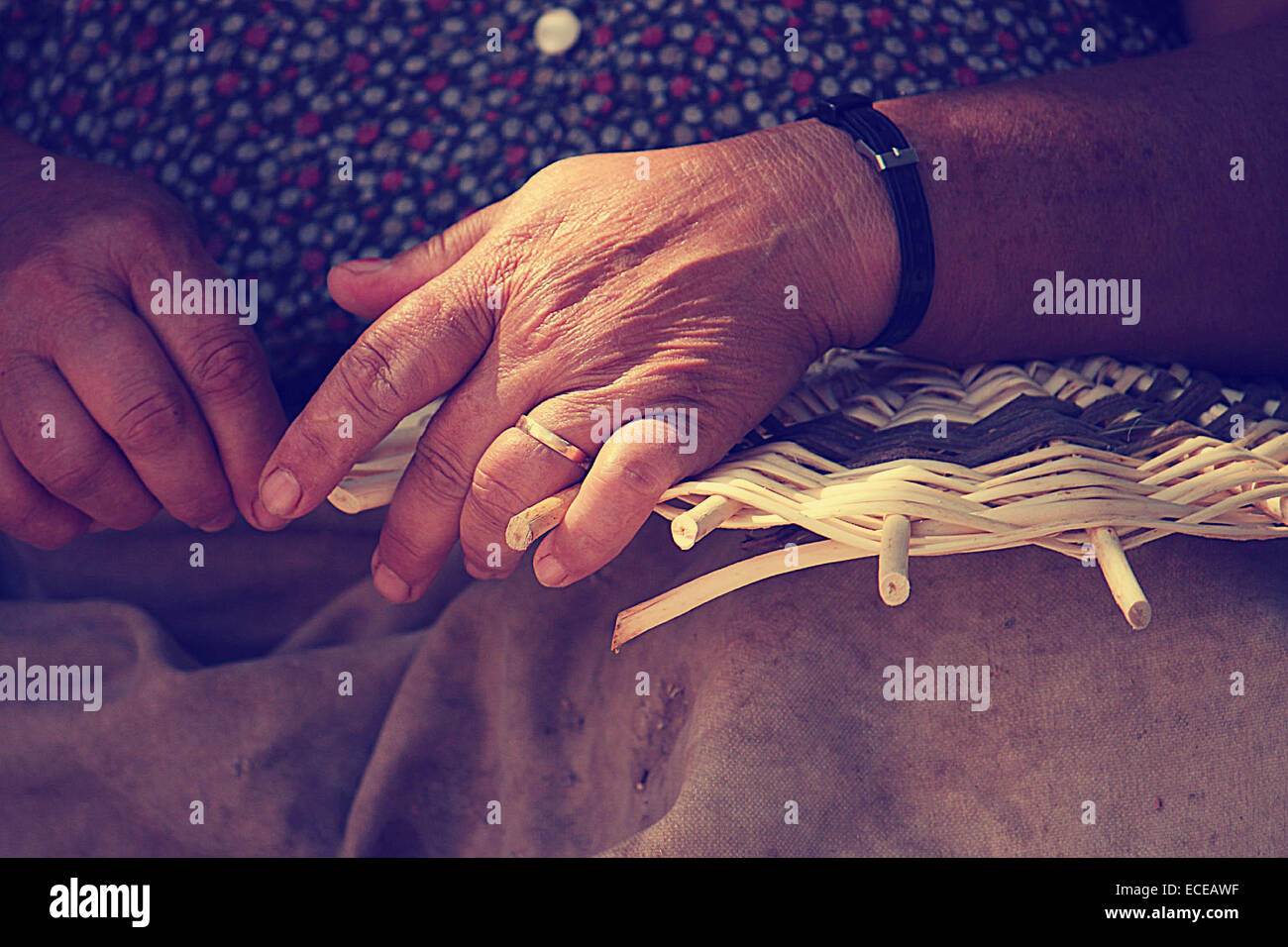 Close up di mani femminili cestello di tessitura Foto Stock
