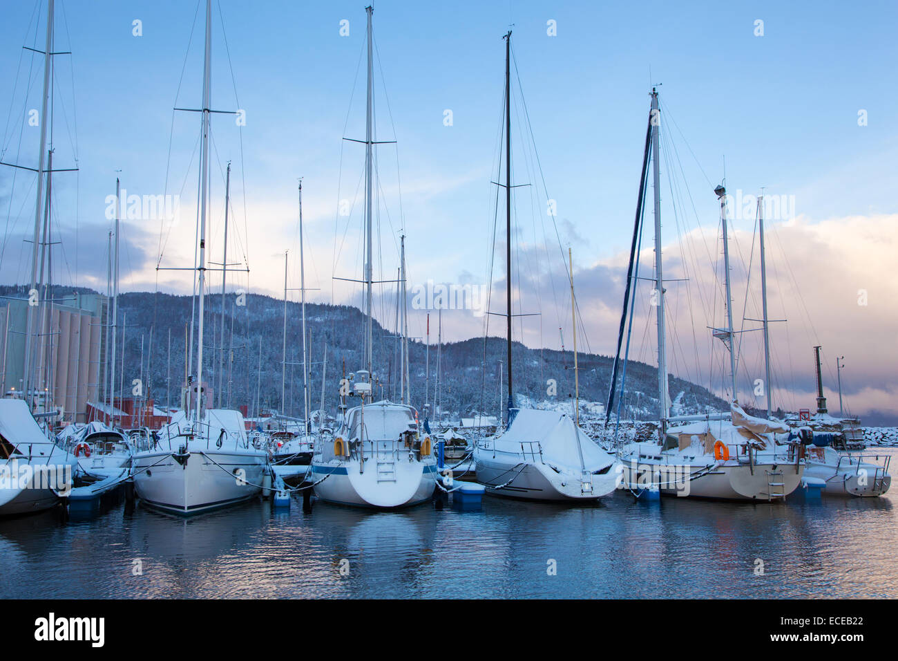 Vista invernale di una marina a Trondheim Foto Stock