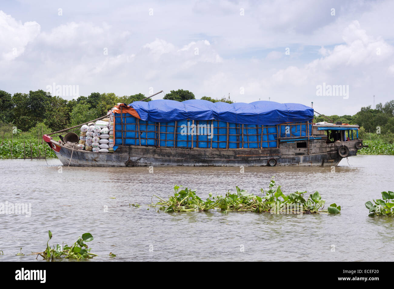 Barca da carico sul Delta del Mekong affluente - Vietnam Foto Stock