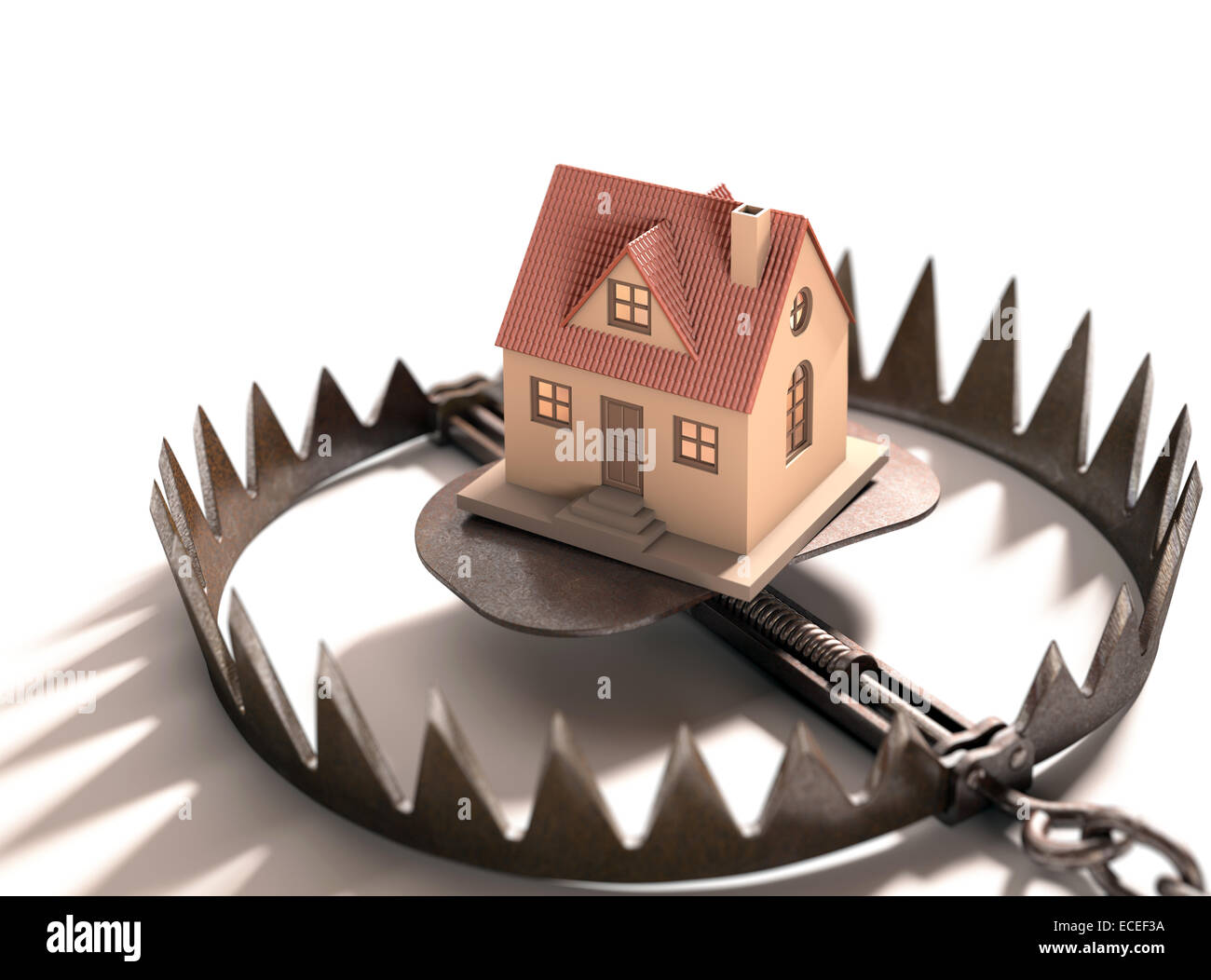 Bear trap con una casa all'interno. Concetto di ipoteca, pegno e finanziamento dell'immobiliare. Foto Stock