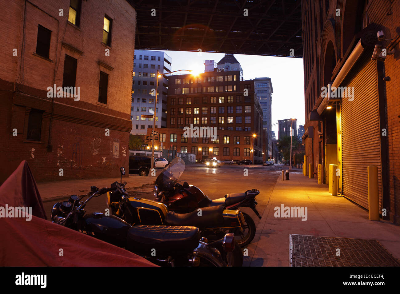 Brooklyn DUMBO Street durante la notte con le luci di strada su Foto Stock