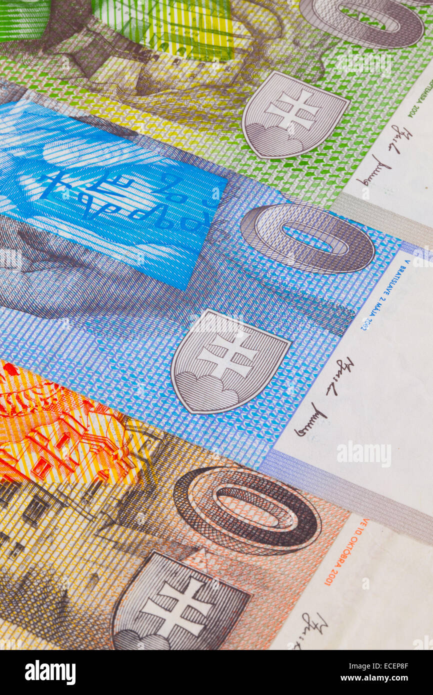 Differenti banconote slovacco da sul tavolo Foto Stock