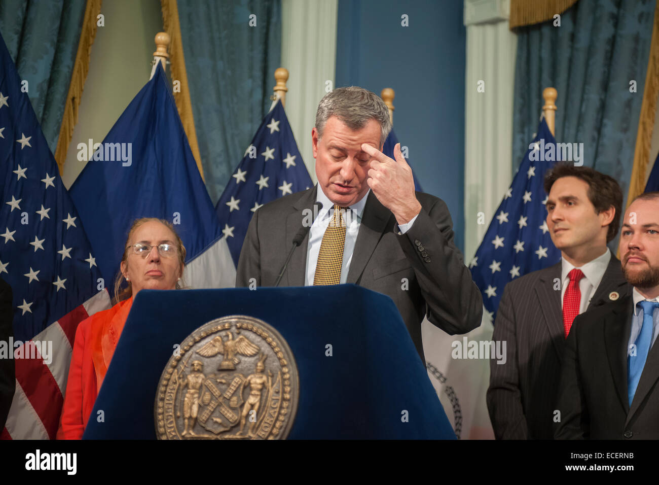 New York, Stati Uniti d'America. Dodicesimo Dicembre, 2014. Il sindaco di New York Bill De Blasio, circondato da politici e sostenitori, parla prima di firmare in legge Intro 356-A nella camera blu a NY City Hall di Venerdì, 12 dicembre 2014. Il disegno di legge si espande il numero di agenzie necessarie per partecipare alla registrazione degli elettori modulo programma di distribuzione. Credito: Richard Levine/Alamy Live News Foto Stock