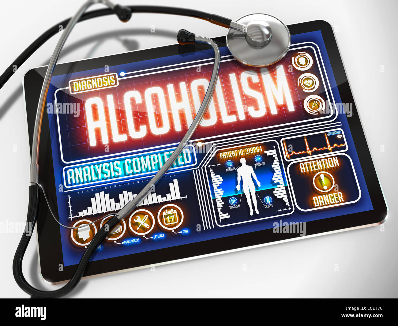 L alcolismo sul display del Medical Tablet. Foto Stock