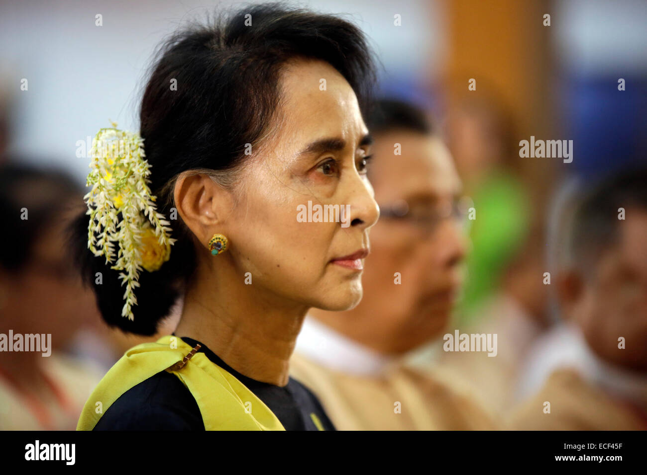 Yangon, Myanmar. Xiii Dec, 2014. Myanmar opposizione della Lega nazionale per la democrazia (NLD) leader Aung San Suu Kyi assiste alla cerimonia di apertura del Comitato Centrale per la riunione del NLD a Yangon, Myanmar, Dic 13, 2014. Credito: U Aung/Xinhua/Alamy Live News Foto Stock