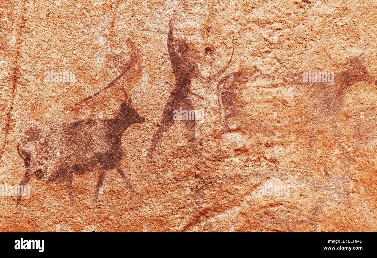 Famoso preistorico di pitture rupestri del Tassili N'Ajjer, Algeria Foto Stock