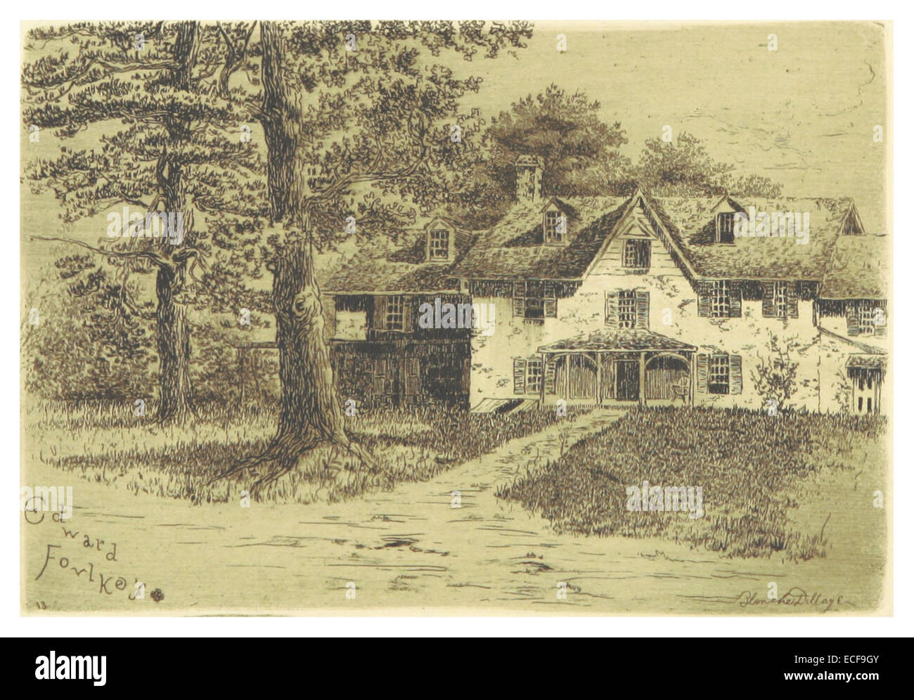 Questa entrata del 1884 di Jenkins presenta l'attuale casa costruita sul sito della dimora originale di Edward Foulke, fornendo un contesto storico per il significato del luogo. Foto Stock