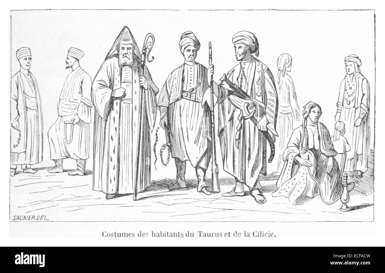 Questa illustrazione del 1861 di Langlois raffigura i costumi tradizionali degli abitanti delle regioni del Tauro e della Cilicia, evidenziando il loro abbigliamento culturale. Foto Stock