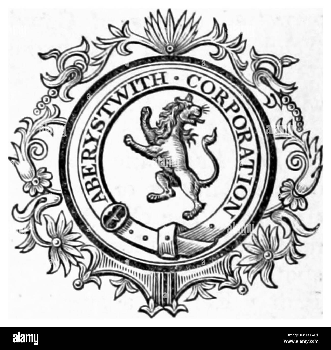 Un'illustrazione del 1833 raffigurante il sigillo aziendale di Aberystwyth, Galles, probabilmente che riflette il governo della città o l'identità civica. Foto Stock