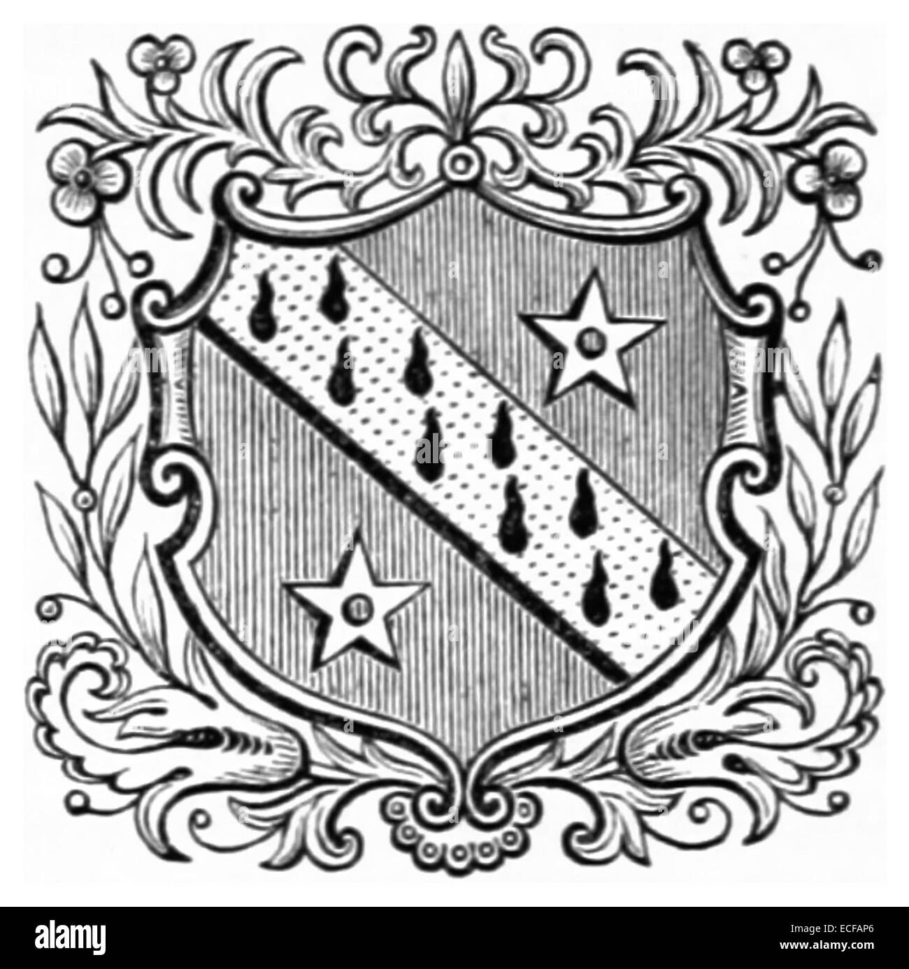 Un'illustrazione del 1833 di Lewis che mostra lo stemma di Bangor, una città situata nel Regno Unito. L'opera d'arte descrive il design araldico dello stemma della città. Foto Stock