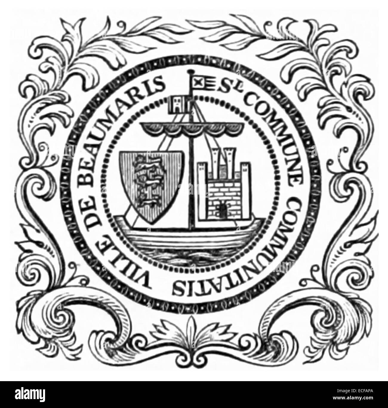 Un'illustrazione del 1833 di Lewis del *Beaumaris Corporate Seal*. L'opera d'arte mette in evidenza il sigillo ufficiale usato dalla città di Beaumaris, Galles, simboleggiando la sua identità civica e il suo governo durante l'inizio del XIX secolo. Foto Stock