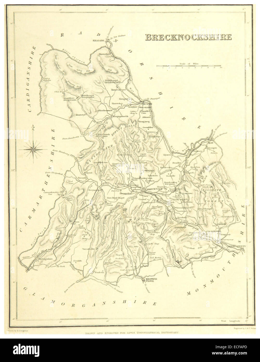 Questa mappa del 1833 di Lewis mostra il Brecknockshire, una contea storica del Galles. L'illustrazione enfatizza la topografia, i punti di riferimento e le caratteristiche geografiche della regione. Foto Stock