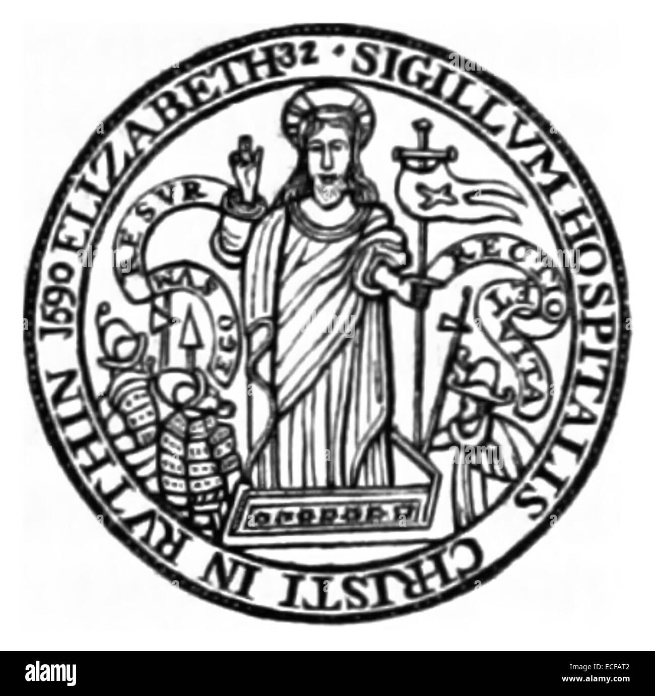 Una rappresentazione del 1833 del sigillo dell'ospedale di Ruthin, Galles. Il sigillo riflette il ruolo dell'istituzione nella comunità locale durante i primi anni del XIX secolo, offrendo una visione del significato storico dell'assistenza sanitaria nella regione. Foto Stock