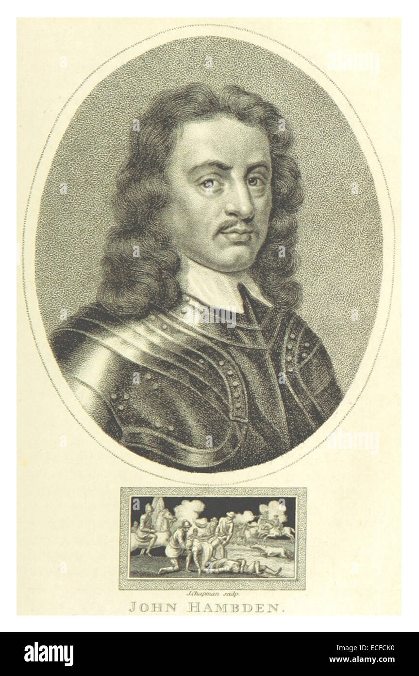 Questa illustrazione del 1800 di Mante raffigura John Hampden, un eminente parlamentare inglese. Hampden è noto per la sua opposizione al re Carlo i e per il suo ruolo nella guerra civile inglese. L'immagine cattura il suo ruolo significativo nella storia politica britannica. Foto Stock