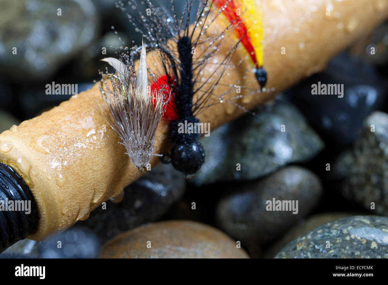 Close up di trote mosche, concentrarsi sulla parte anteriore con una profondità di campo ridotta, sul bagnato manico in sughero della canna da pesca con uscita sfocata riv Foto Stock