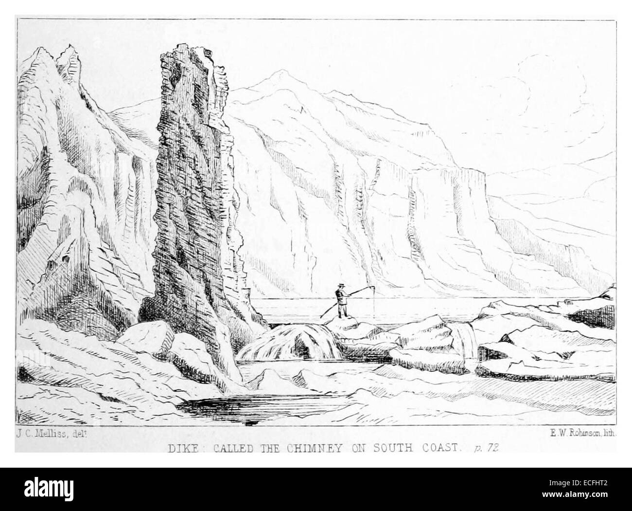 Un'illustrazione del 1875 di Melliss che mostra una diga chiamata "camino" sulla costa meridionale. Questa immagine evidenzia l'importanza dell'ingegneria costiera e della bonifica del terreno durante il XIX secolo. Foto Stock