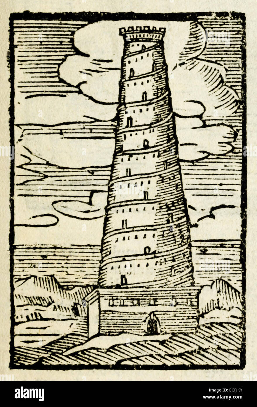 Pharos di Alessandria, una delle sette meraviglie del mondo antico, illustrazione di William Harvey. Vedere la descrizione per maggiori informazioni. Foto Stock