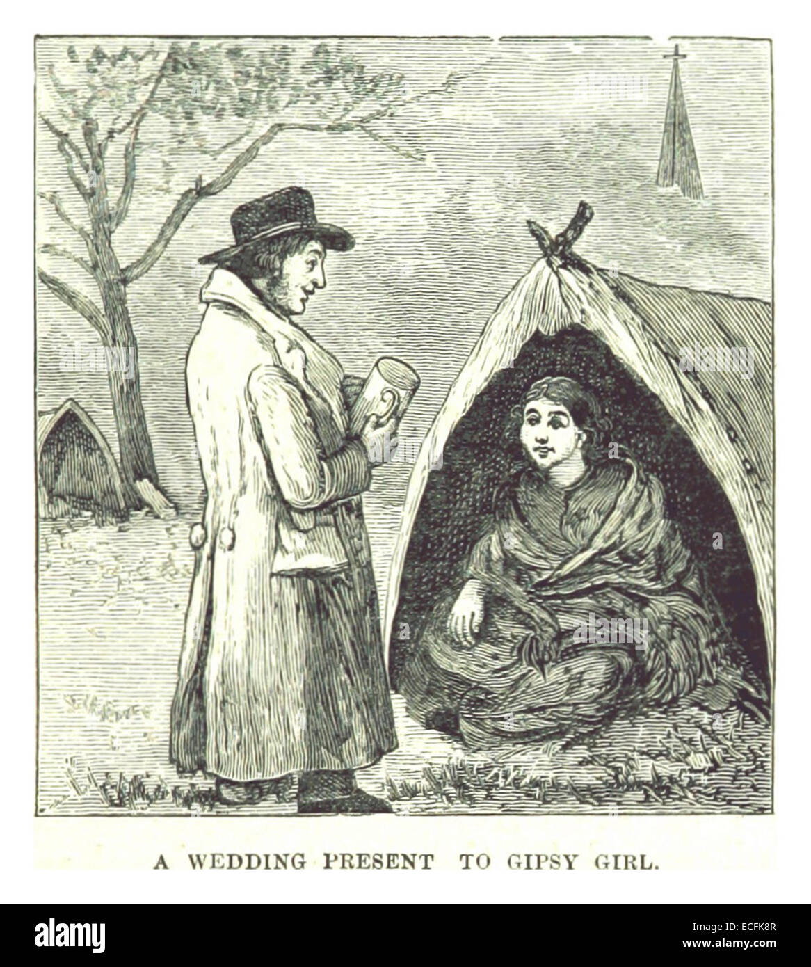 Pagina 155 della pubblicazione di Morwood del 1885 raffigura una scena intitolata "A Wedding Present to Gipsy Girl". L'illustrazione offre una visione delle pratiche sociali e degli scambi culturali che coinvolgono la comunità rom nel XIX secolo. Foto Stock