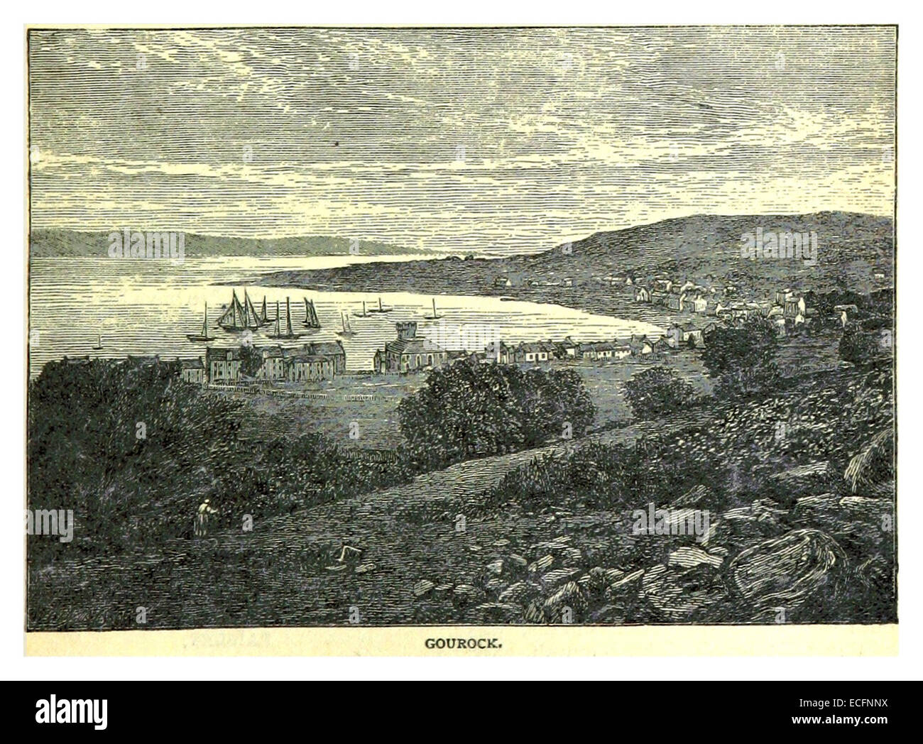 Questa illustrazione del 1883 di Paterson raffigura Gourock, una città in Scozia, che fornisce una vista dettagliata delle sue caratteristiche costiere e del layout architettonico nel XIX secolo. Foto Stock