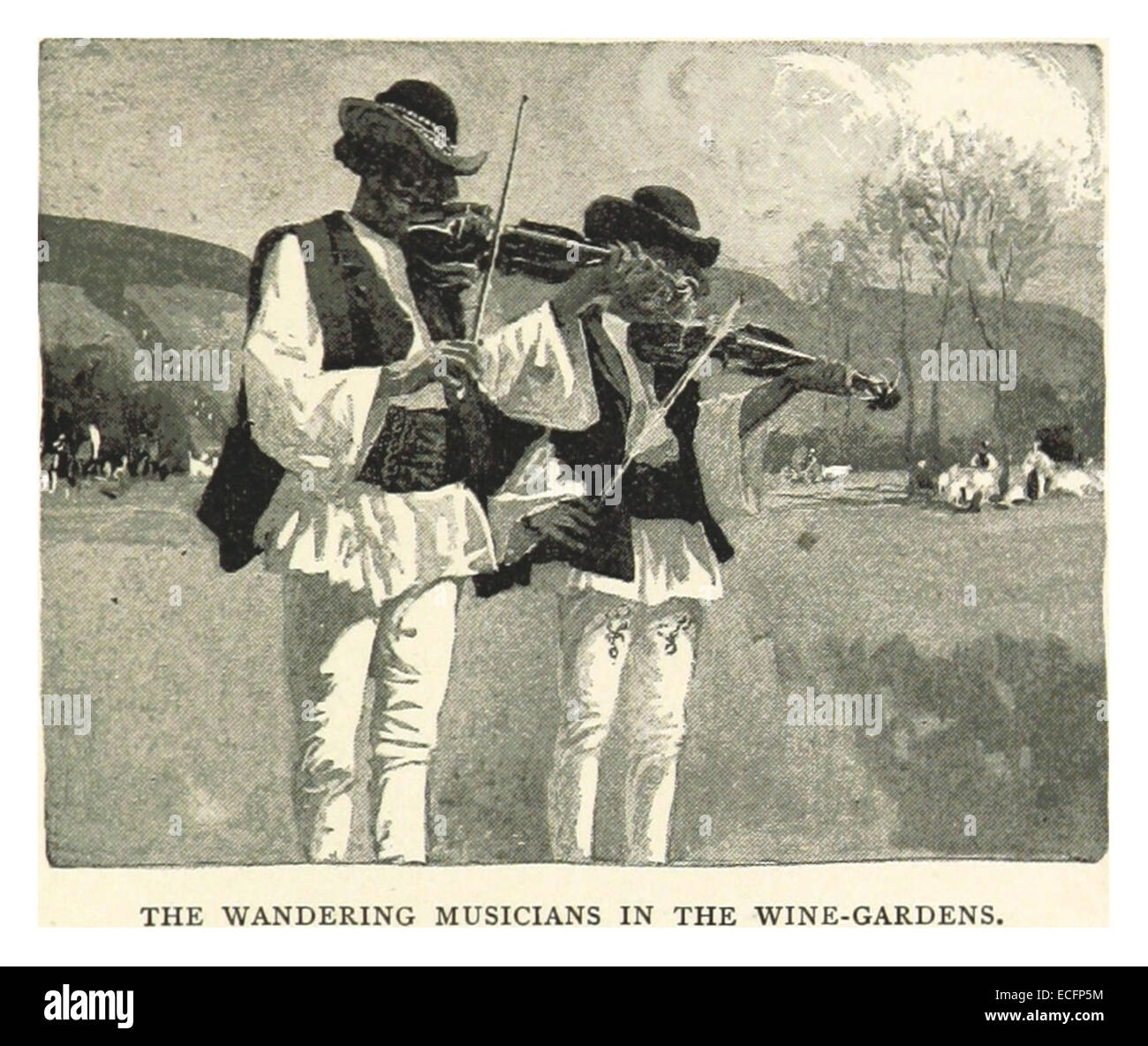 L'illustrazione del 1893 di Pennell, *The Wandering Musicians in the Wine-Gardens*, raffigura musicisti che si esibiscono in un vigneto panoramico, catturando un momento di vita culturale nelle regioni vinicole del XIX secolo. Foto Stock