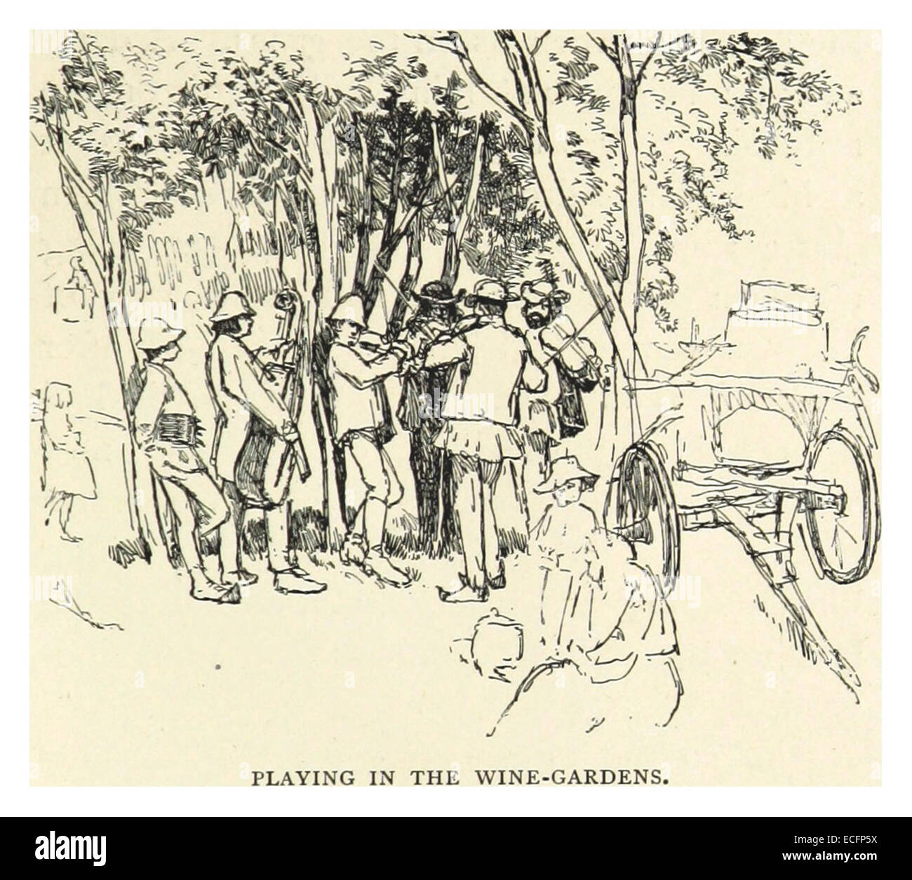 Questa illustrazione del 1893 di Pennell cattura una scena di svago, raffigurando persone che si divertono nei giardini del vino, riflettendo le attività sociali del tempo. Foto Stock