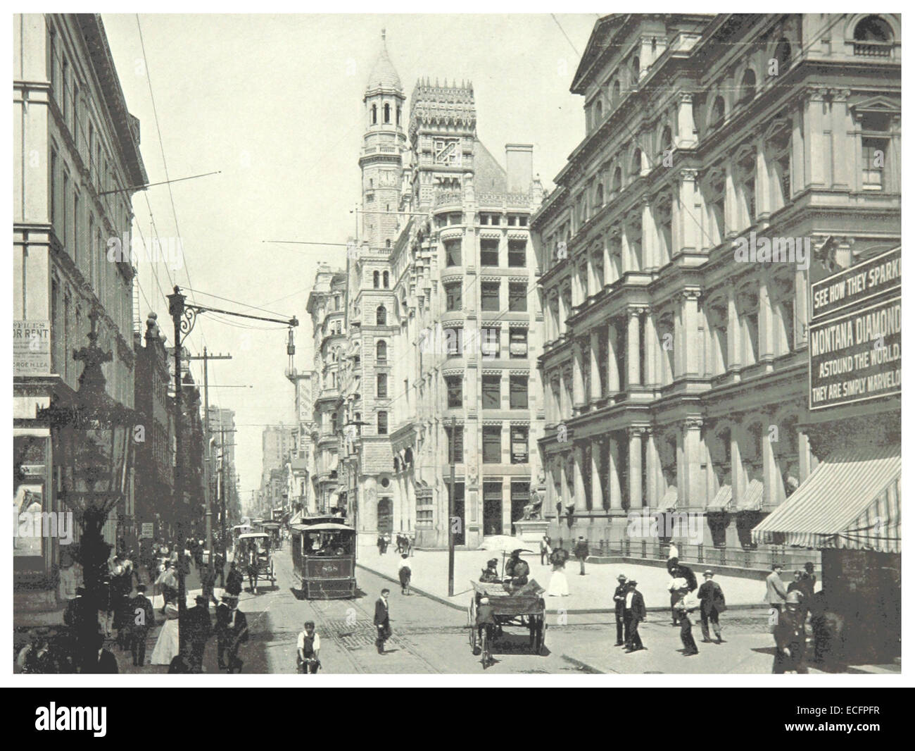 Una mappa del 1897 e un disegno che mostra Chestnut Street a Philadelphia, guardando a ovest da Ninth Street. Questa illustrazione d'epoca offre una vista sulla struttura e le strutture della città della fine del XIX secolo. Foto Stock