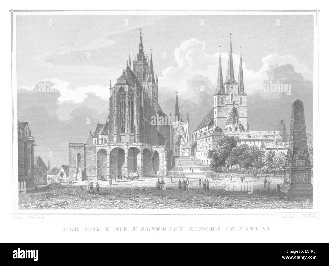 Questo riferimento del 1852 di Poppel mette in evidenza la cattedrale di Erfurt (Dom) e la Severikirche, importanti edifici religiosi a Erfurt, Germania. Foto Stock