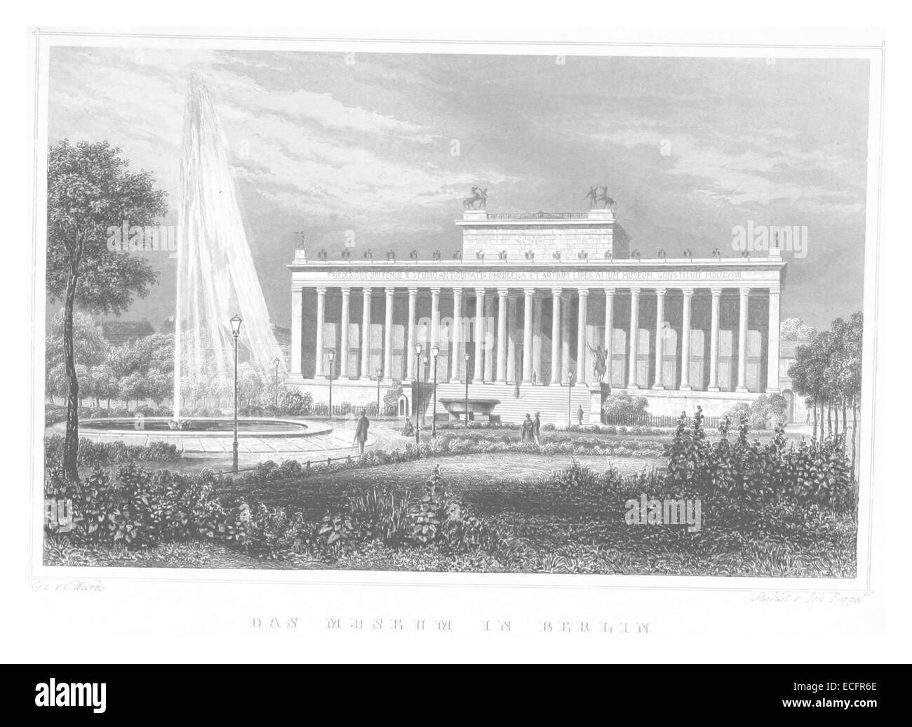 Questa illustrazione del 1852 di Poppel mostra una vista di un museo a Berlino, in Germania. L'illustrazione raffigura probabilmente lo stile esterno e architettonico del museo durante la metà del XIX secolo. Foto Stock