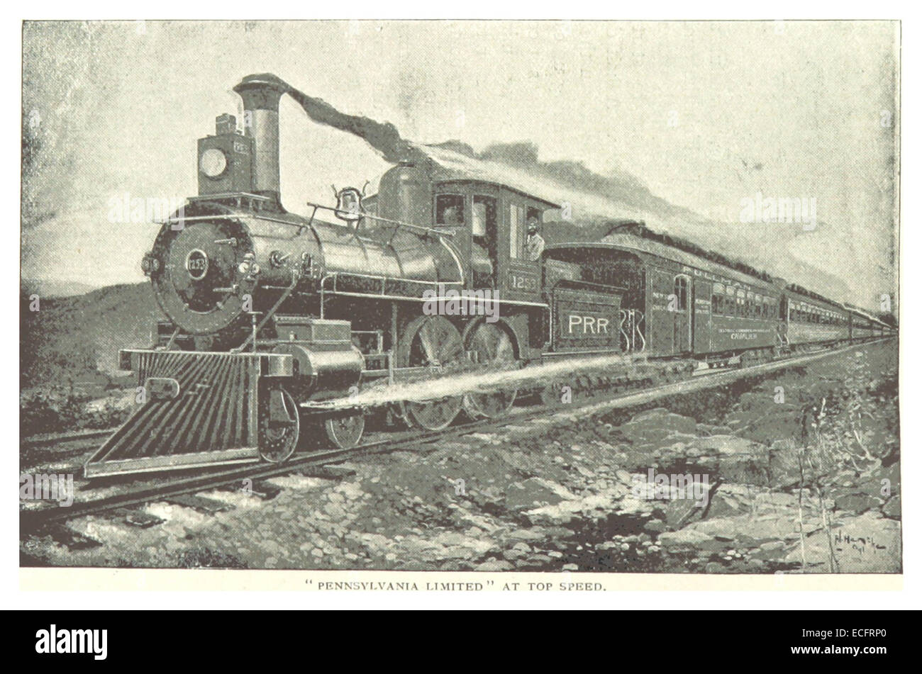 Questa illustrazione del 1893 mostra la Pennsylvania Railroad (PRR) Express, *Pennsylvania Limited*, mentre viaggia alla massima velocità, evidenziando i progressi tecnologici nel trasporto ferroviario del tempo. Foto Stock