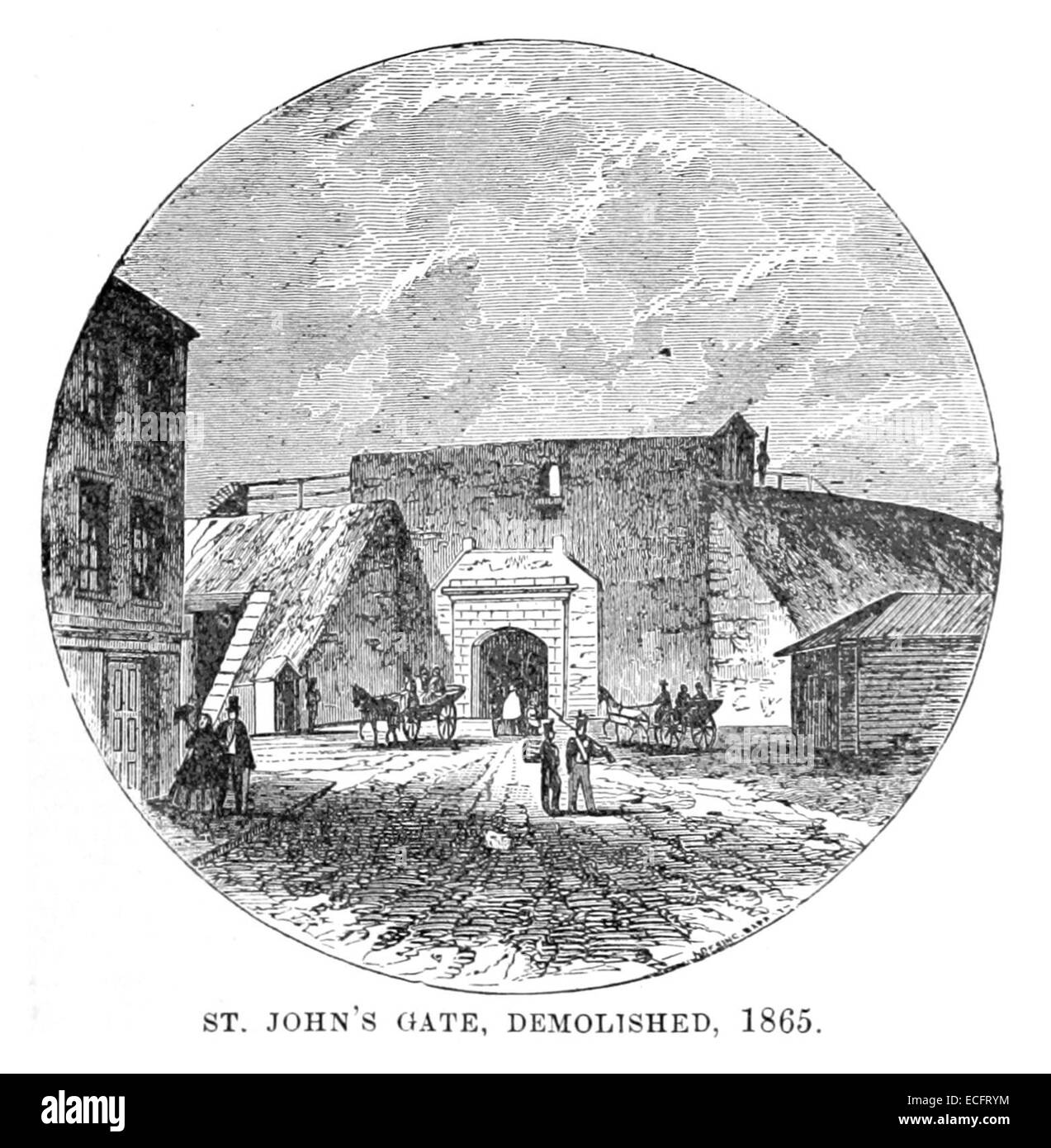 Un'illustrazione del 1876 di St. John's Gate in Quebec, Canada. La mappa cattura i dettagli architettonici della storica porta e il suo significato nelle fortificazioni della vecchia Quebec. Foto Stock