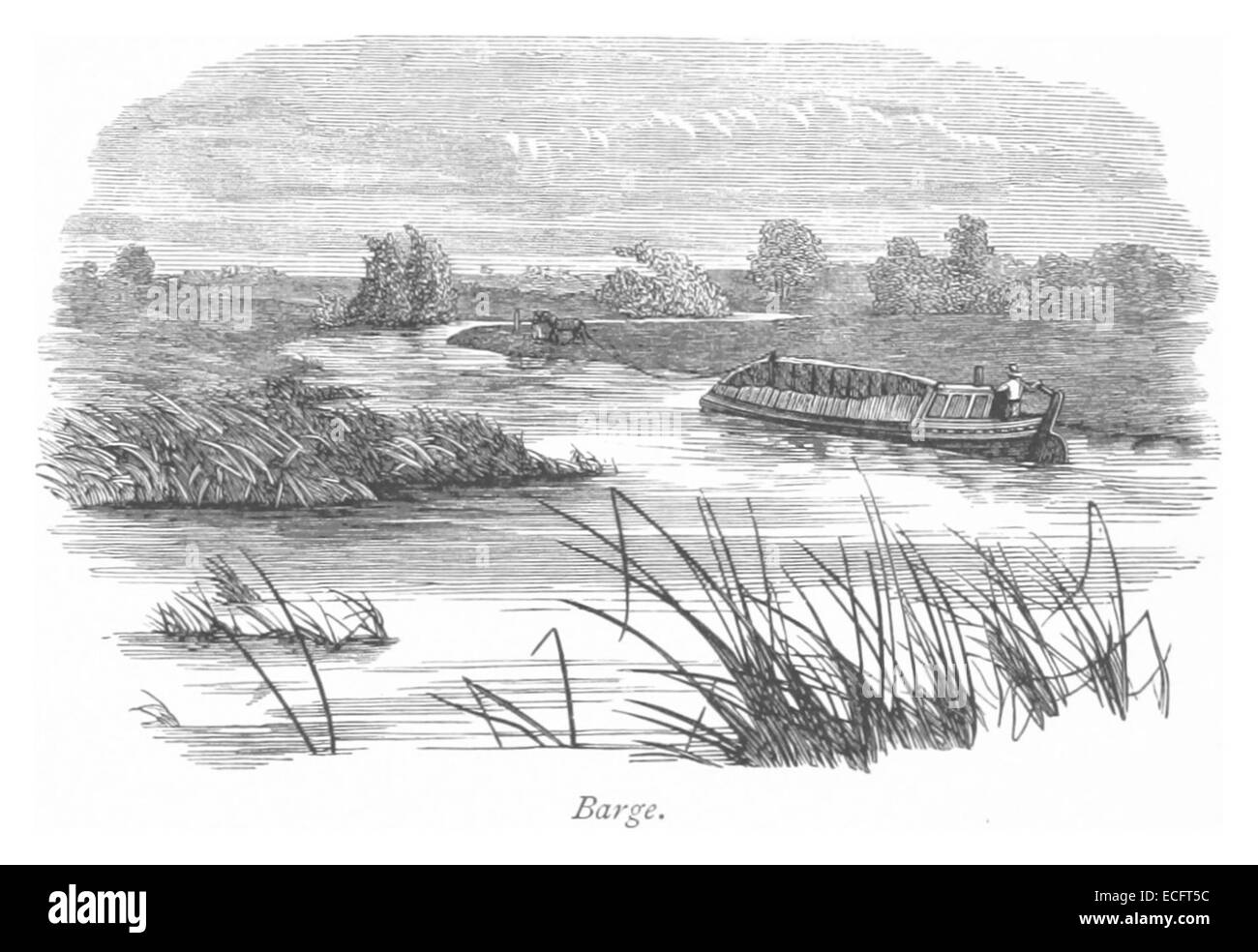 Questa illustrazione del 1875 di Ro raffigura una chiatta, comunemente usata nei trasporti e nel commercio durante il XIX secolo. L'immagine mostra la struttura e la funzione di una chiatta durante quel periodo, probabilmente in un ambiente marittimo o fluviale. Foto Stock