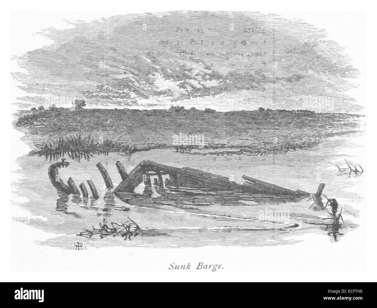 Questa illustrazione del 1875 mostra una chiatta affondata, che riflette le sfide del trasporto e della navigazione durante il XIX secolo. Mette in evidenza i rischi associati al trasporto fluviale e marittimo durante questo periodo. Foto Stock