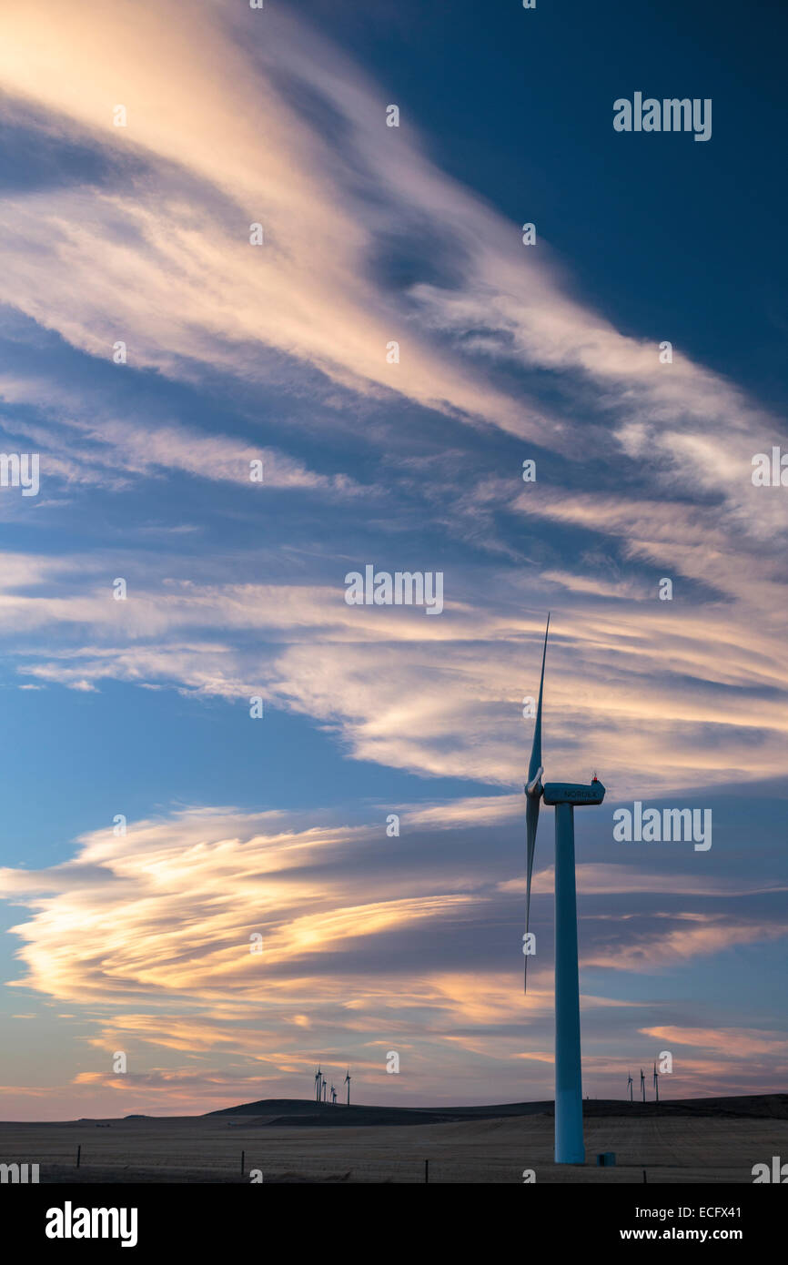 Un arco di Chinook spazza la Southern Alberta praterie in prossimità del rullo di estrazione Creek Turbine eoliche punteggiano le colline al di sotto del cloud Foto Stock