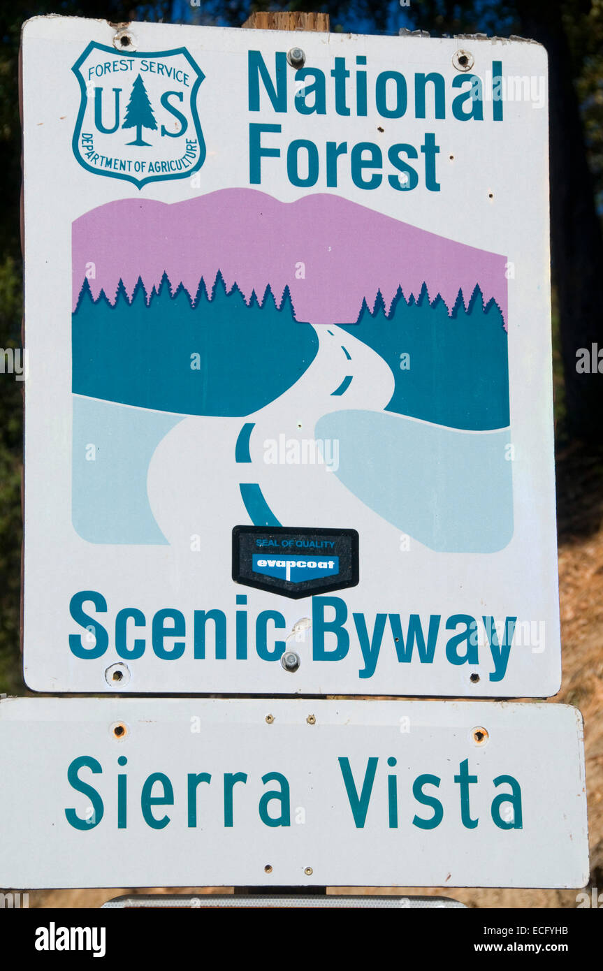 Byway segno, Sierra Vista National Scenic Byway, Sierra forestale nazionale, California Foto Stock