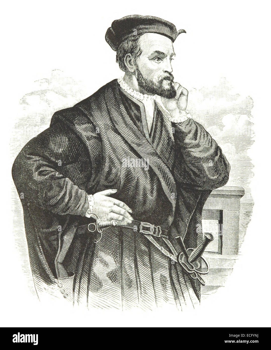 Un'illustrazione del 1882 di SULTE che mostra *Jacques Cartier*, l'esploratore francese a cui si attribuisce la rivendicazione del Canada per la Francia nel XVI secolo. Questa rappresentazione storica mette in evidenza i suoi sforzi esplorativi e l'eredità nella storia canadese. Foto Stock