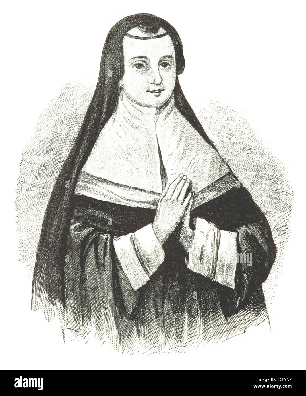 Questa illustrazione del 1882 di Sulte raffigura la mamma. De la Peltrie, una figura storica significativa nella prima colonizzazione del Canada. Era nota per i suoi contributi all'educazione e al lavoro missionario, in particolare con le suore delle Ursuline in Quebec. L'immagine evidenzia la sua importanza nel contesto della prima storia canadese. Foto Stock
