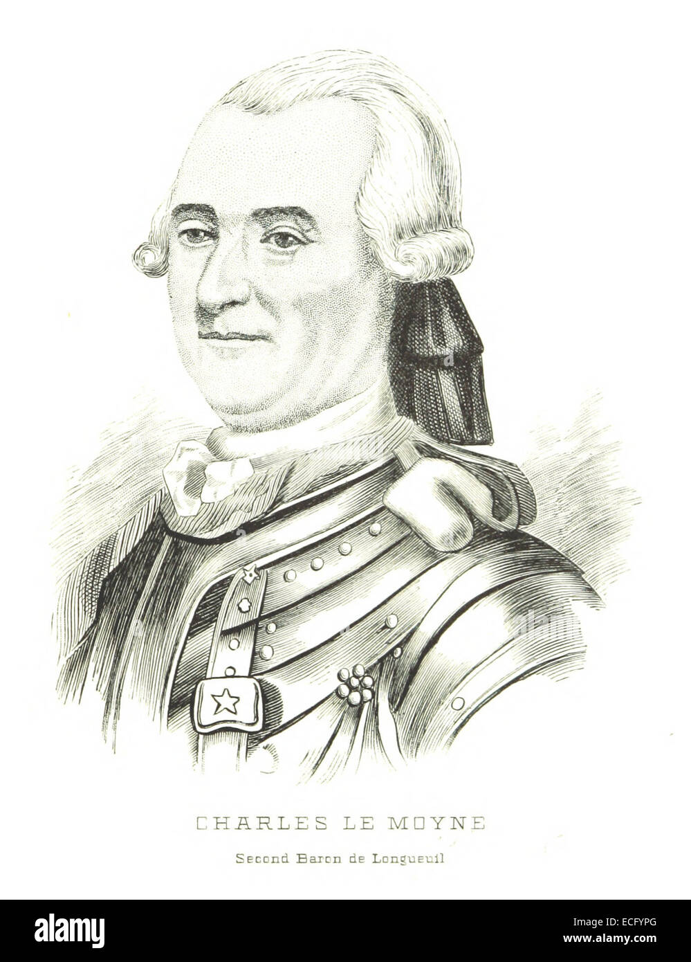 Questa illustrazione del 1882 di Sulte raffigura Charles le Moyne, una figura di spicco nella storia canadese, noto per il suo ruolo di fondatore di Montreal e la sua leadership nel Canada francese durante il XVII secolo. Foto Stock