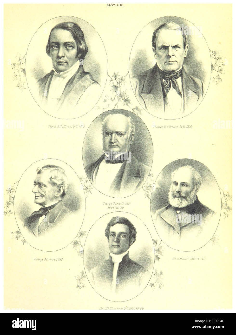 Un'illustrazione dalla pagina 155 della pubblicazione di Toronto del 1884, con i sindaci di Toronto. L'immagine probabilmente mette in evidenza le figure politiche chiave di Toronto durante la fine del XIX secolo. Foto Stock