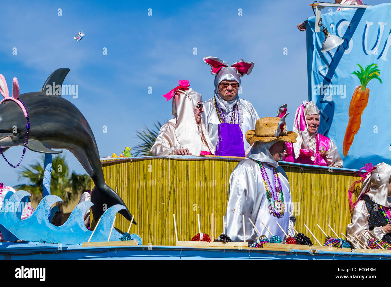Mardi Gras celebrazioni e gaudenti in una sfilata per le strade di Galveston, Texas, Stati Uniti d'America. Foto Stock