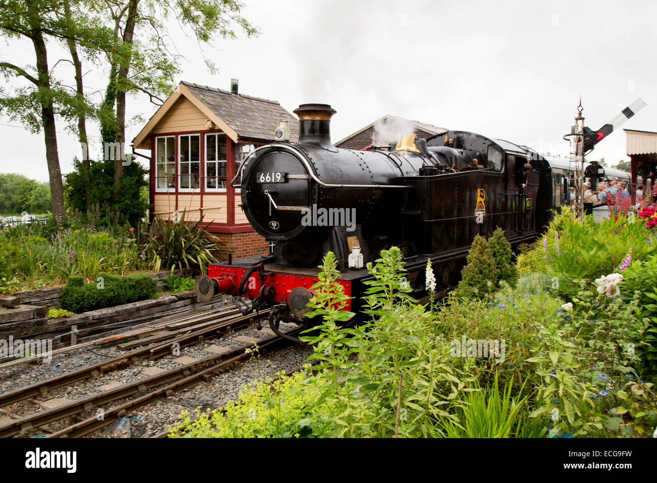 GWR Regione 0-6-0 serbatoio del motore 6619 in attesa di partire con il treno passeggeri da Tenterden stazione ferroviaria Foto Stock
